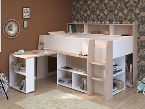 Kombibett - 90 x 200 cm - mit Schreibtisch & Stauraum - Weiß & Holzfarben + Matratze- APOLINO