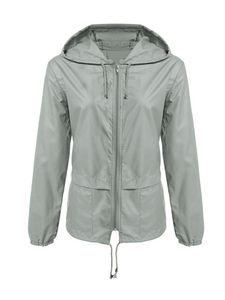 Wasserdichte Jacke für Damen Regenmantel Windjacke Windbreaker Zip Pocket Jacket,Farbe: Helles Grau,Größe:L