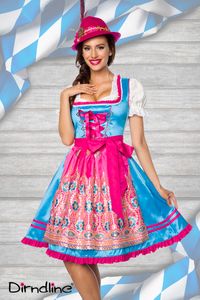 Dirndline Damen Dirndl Trachtenkleid Partykleid Oktoberfest Fasching Karneval, Größe:XS, Farbe:blau/pink
