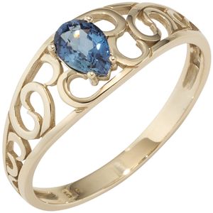Ring Damenring mit Saphir Safir blau 585 Gold Gelbgold Fingerring mit Muster Innenumfang 56mm  Ø17.8mm