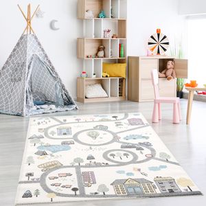 Teppich Kinderzimmer – Pastellfarben - Flachflor- Kinderteppich Spielteppich im Straßendesign, Größen:140 x 200 cm