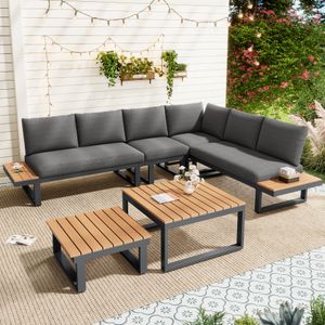 Flieks Gartenlounge-Set 6 Teilig, Balkonmöbelset mit 2 Gartentisch für 6 Personen, Gartensofa mit Ecksofa & Stuhl, Couchtisch mit Kunststoffplatte