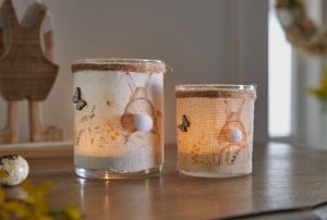 2x Windlicht "Puschel" aus Glas, mit Hasen Motiv auf Jute Stoff, Kerzenhalter, Teelichthalter, Windlichtglas, Teelichtgläser