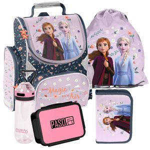 Schulrucksack Mädchen Jungen Motiv FROZEN 5 T Set Rucksack, Federmäppchen, Schuhbeutel, Trinkflasche, Frühstückstasche Mega-Set Paso EINGEFROREN