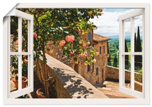 banepetkovic: Fensterblick - Rosen auf einem Balkon in San Gimignano, mit Toskanalandschaft im Hintergrund, Produkt:Poster, Größe (HxB):70x100 cm / Poster