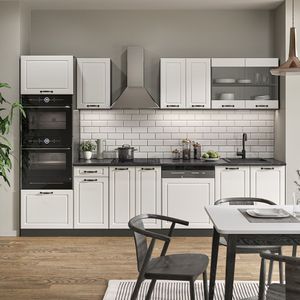 Livinity® Küchenzeile R-Line, 300 cm mit Hochschrank, ohne Arbeitsplatte, Weiß Landhaus/Anthrazit