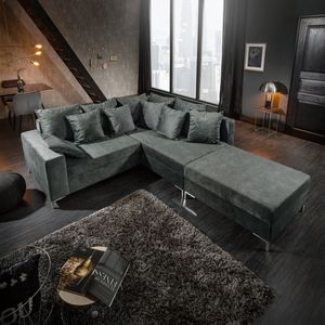Modernes Ecksofa LOFT 220cm grau Samt inkl. Hocker & Kissen