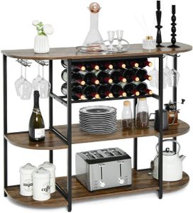 GOPLUS 3-stöckiger Weinregal für 18 Flaschen, Weinschranktisch mit Glashalter, Flaschenregal aus Holz, Barschrank Vintage für Küche & Esszimmer