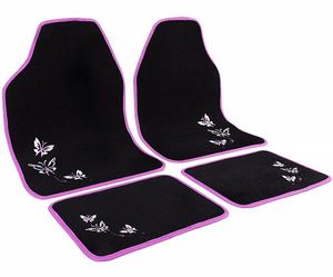 WOLTU Autofußmatten-Set mit 4 Matten, Stickerei Schmetterling, Teppichmaterial : Rosa Farbe: Rosa