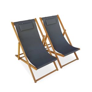 Holzliegestühle - Creus - 2 Liegestühle aus geöltemEukalyptus mit grauem Kopfstützenkissen