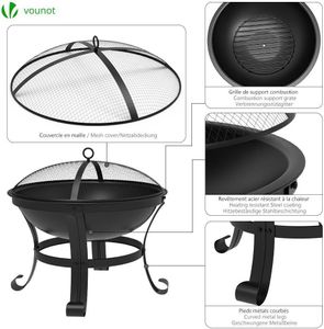 VOUNOT Feuerschale mit Funkenschutz, Feuerkorb Feuerstelle für Garden Terrasse Heizung, Ø 55 cm, Schwarz