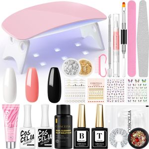 COSCELIA Gel Nagellack und Poligel Nagelset Gelnägel Starterset Komplett mit UV Lampe 6W mini,2 Farben Nude Glitzer Gel Nagellack Starterset UV Gel Nagellack und 1 Poly Rosa Nagel Gel Set mit Base und Top Coat Gelnägel Starterset Gellack Nägel Nagelstudio Set