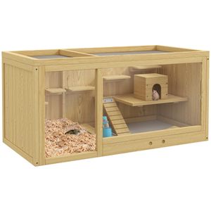PawHut Hamsterkäfig aus Holz, 100 cm Kleintierstall, Kleintierkäfig Spielhaus für Gerbils Nagerkäfig mit Schaukeln, Leitern, zu öffnendes Dach, Hütte, Natur