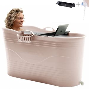 HelloBath® Mobile Badewanne für Erwachsene XL - Ideal für das kleines Badezimmer - 122x55x64cm - Sand - Badezuber - Inkl. Badewannenablage & Klopfen