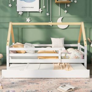 Merax detská posteľ 90x200 cm výsuvná posteľ s ochranou proti vypadnutiu a lamelovým roštom, denná posteľ z masívneho dreva jednolôžková a dvojlôžková posuvná posteľ
