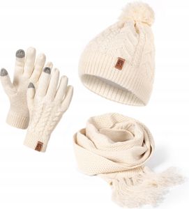 Damen Mütze Schal Winter Set | Gefütterte Strickmütze mit Bommel | Winterschal mit Fransen | Touchscreen Handschuhe Beige