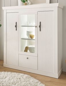 Highboard "Fiastra" weiß Pinie Landhaus Vitrine 140 x 146 cm mit Soft-Close