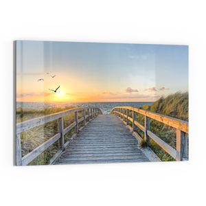 DEQORI Glasbild Echtglas 90x60 cm 'Dünenweg zum Meer' Wandbild Bild modern Deko