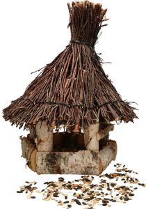 KOTARBAU® Holz-Vogelfutterhaus mit Reet eingedeckt Birke zum Aufhängen + 0,5 kg Futter Gratis