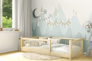 AXEL Kinderbett aus Kieferholz mit Schutzgitter Holzbett Naturholz 70x140 Beinhöhe 3 cm