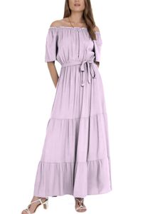 Damen Kleider Kurzarm Schulterfrei Sonnenkleid Elastische Taille Lässig Lockerer Rüschensaum Strandurlaub,Farbe: Lavendel,Größe:L