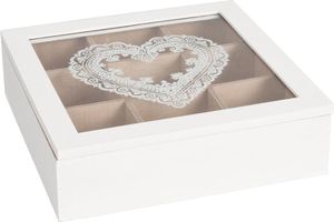 Clayre & Eef čajová dóza 9 priehradiek 24x24x7 cm biele drevo srdce