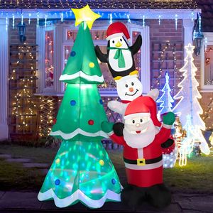 GOPLUS 266 cm hoher Aufblasbare Weihnachtsdeko Weihnachtsbaum mit LED- & Disco-Lichtern, Dekoration mit Pinguin, Santa & Schneemann