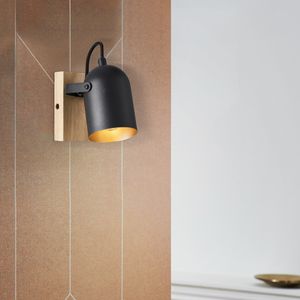 BRILLIANT schwarze Wandleuchte TRONTE | Wandspot mit schwenkbarem Kopf | E14 max. 28 Watt | Metall/Holz | gold/schwarz/braun