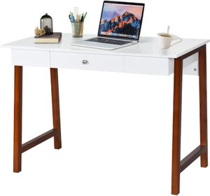 GOPLUS Schreibtisch mit Schublade, Arbeitstisch mit Massivholzbeine, Schminktisch ohne Spiegel, skandinavischer Stil, bis 50 kg