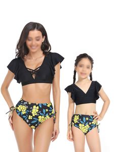 Damen Mädchen Zweiteilige Badeanzüge Ärmellose Passende Badebekleidung Hoher Taille Blumendruck Bikini Set Schwarz,Größe 152
