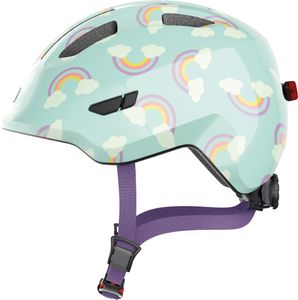 ABUS Kinderhelm Smiley 3.0 LED - Fahrradhelm mit Licht - tiefe Passform & Platz für einen Zopf - für Mädchen und Jungs - Hellblau mit Regenbogen-Muster, Größe S