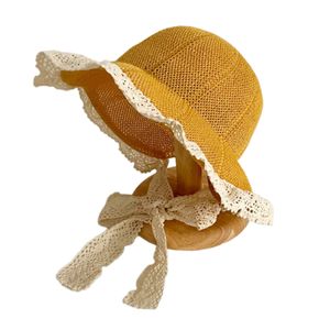 Sommer Baby Sonnenhut Strandhut, Spitze Stroh Hut Kinder Sonnenschutz Hut für 3-6 Jahre, 50-52cm Gelb