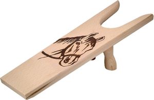 Stiefelknecht mit Pferdekopf aus Holz,32,5 cm, Sschuh-Auszieher mit Reiter-Motiv, Stiefelzieher aus Buchenholz