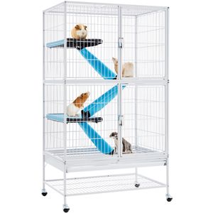 Yaheetech Kleintierkäfig, Metallkäfig für kleine Haustiere, Kaninchenstall mit 4 Räder, Käfig mit 2 abnehmbaren Rampen & Plattformen Weiß