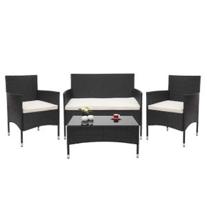 Poly-Rattan Garnitur HWC-F55, Balkon-/Garten-/Lounge-Set Sofa Sitzgruppe  schwarz, Kissen creme