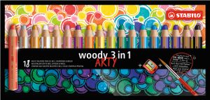 Buntstift, Wasserfarbe & Wachsmalkreide - STABILO woody 3 in 1 - ARTY - 18er Pack mit Spitzer und Pinsel - mit 18 verschiedenen Farben