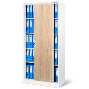 Aktenschrank Büroschrank mit Schiebetüren Stahlblech Fachböden Pulverbeschichtung abschließbar 185 cm x 90 cm x 40 cm (weiß-holzoptik)