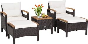 COSTWAY 5tlg. Rattan Möbelset 2 Gartensessel mit Fußstütze & Beistelltisch Akazienholzplatte & Kissen, Gartenliege Rattanliege für Garten, Pool, Hinterhof