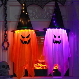 Halloween dekorácie duch, 105cm Halloween duch visí čarodejnica klobúk duch dekorácie, Halloween dekorácie strašidelné windsocks visí duchovia s LED svetlami, oranžová/biela