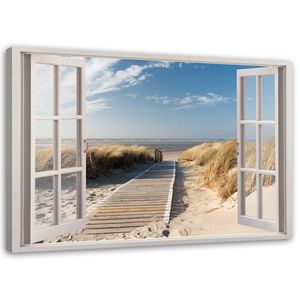 Feeby Wandbild auf Vlies Blick aus dem Fenster auf den Strand 60x40 Leinwandbild Bilder Bild