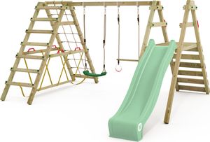 WICKEY Kinderschaukel Schaukelgestell Smart Shake mit Rutsche und Kletteranbau, Schaukel, Schaukelgerüst, Doppelschaukel, Holzschaukel – pastellgrün