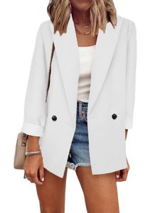 Damen Blazer Jacken Leicht Outdoor Knöpfen Mantel Feste Farbe Arbeiten Langarmshirt Weiß,Größe S