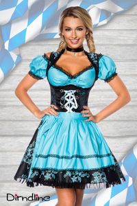 Dirndline Damen Dirndl mit Bluse Partykleid Oktoberfest Trachtenkleid Karneval Fasching, Größe:2XL, Farbe:blau/schwarz
