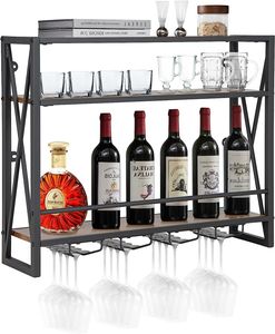 COSTWAY 3-úrovňový nástenný stojan na víno, drevený stojan na fľaše s kovovým rámom, so 4 radmi držiakov na víno, priemyselný dizajn, ideálny pre domácnosť, bar, kuchyňu, reštauráciu