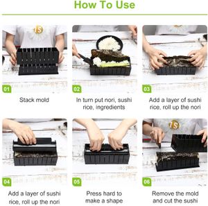 Sushi Herstellung Kit für Anfänger 10 Stück Kunststoff Sushi Maker Werkzeug Komplett mit 8 Sushi Reis Rolle Schimmel Formen Gabel Spatel DIY Haus Sushi Werkzeug