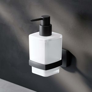 Seifenspender Wandmontage Flüssigseifenspender nachfüllbar Dispenser für Seife oder Duschgel ohne Bohren klebend Edelstahl, Glas Schwarz matt