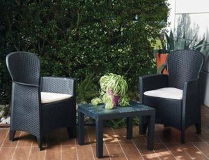 Outdoor-Lounge-Set Foggia, Gartengarnitur mit 2 Sesseln und 1 Couchtisch, Sitzgruppe in Rattan-Optik mit Kissen, 100 %  Italy, Anthrazit