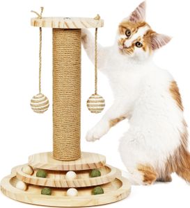 Belle Vous 2-in-1 Interaktives Katzenspielzeug mit Drehteller - 2 Stufiges Holz-Katzenspielzeug Selbstbeschäftigung Katzen Kratzbaum für