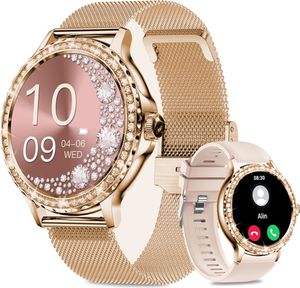 Smartwatch Damen mit Telefonfunktion,1.3"HD Diamant Fitnessuhr Damen mit 100+ Sport SpO2 Pulsmesser Schrittzähler Aktivitätstracker,2 Armbänd-Roségold