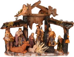 BRUBAKER Vianočná postieľka - 34 cm stolová postieľka Vianočná figúrka, ručne maľovaný Ježiško, Mária, Jozef a králi v stajni so zvieratkami - vianočná dekorácia